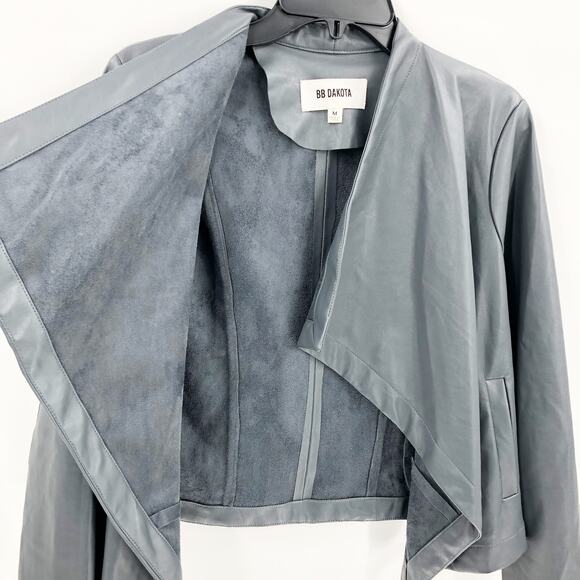 BB Dakota Womens Gracelyn Jacket Medium Grey Faux Leather Drape Front - Picture 4 of 8